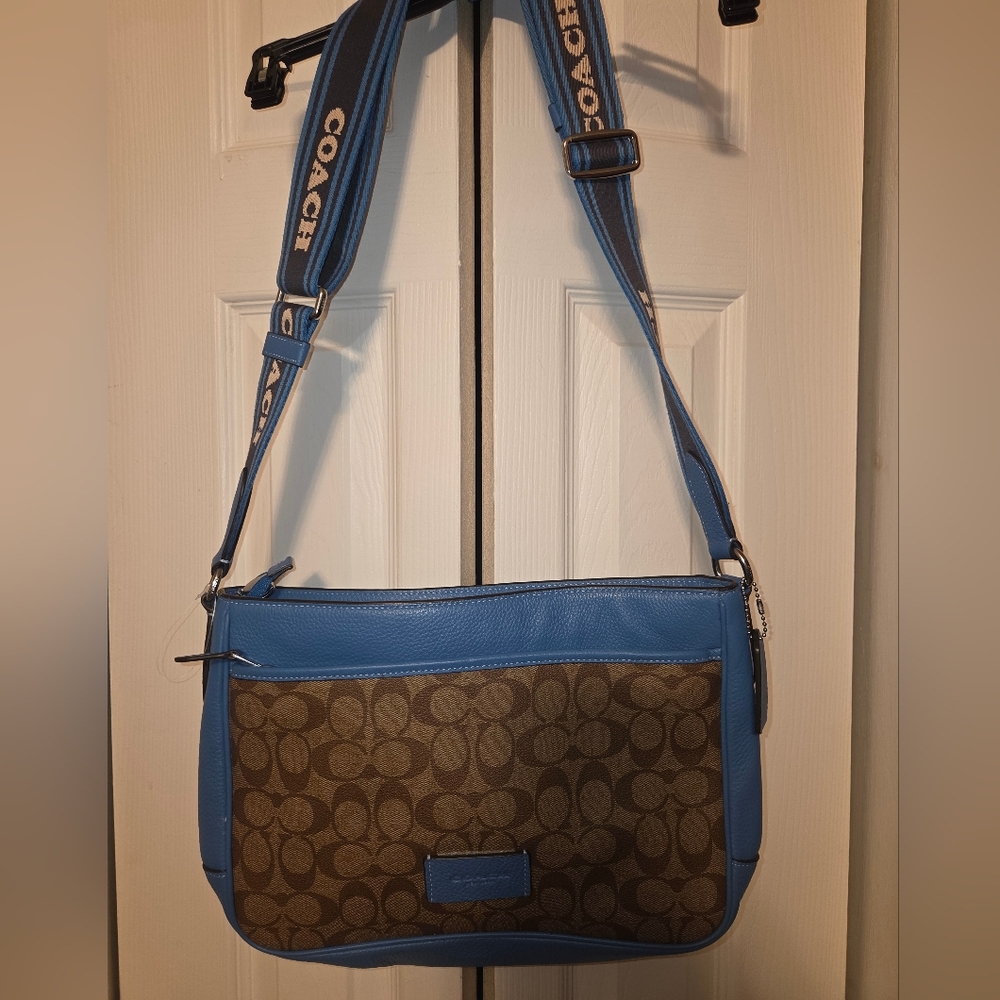 Coach Blue and Tan Signature Shoulder Bag